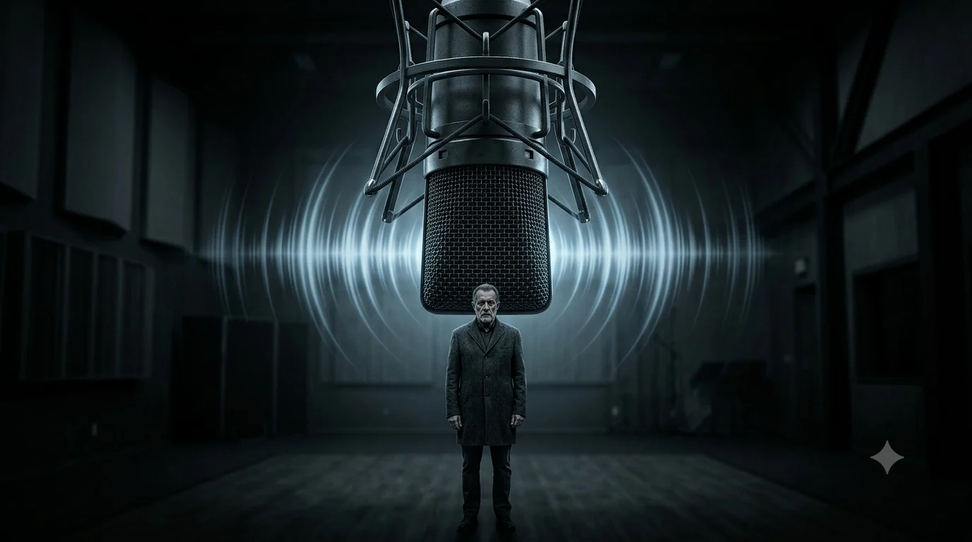 Dessin : dans un studio obscur, un comédien immobile et minuscule, bouche fermée, se tient sous un microphone colossal d'où se propagent des ondes sonores lumineuses