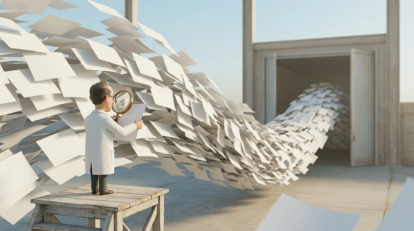Dessin : en plein jour, un homme minuscule en blouse blanche, debout sur un tréteau de bois, examine à la loupe une unique feuille de papier blanche, tandis qu'une vague immense de milliers de feuilles identiques déferle devant lui sans être contrôlée et s'engouffre dans une large porte ouverte au fond