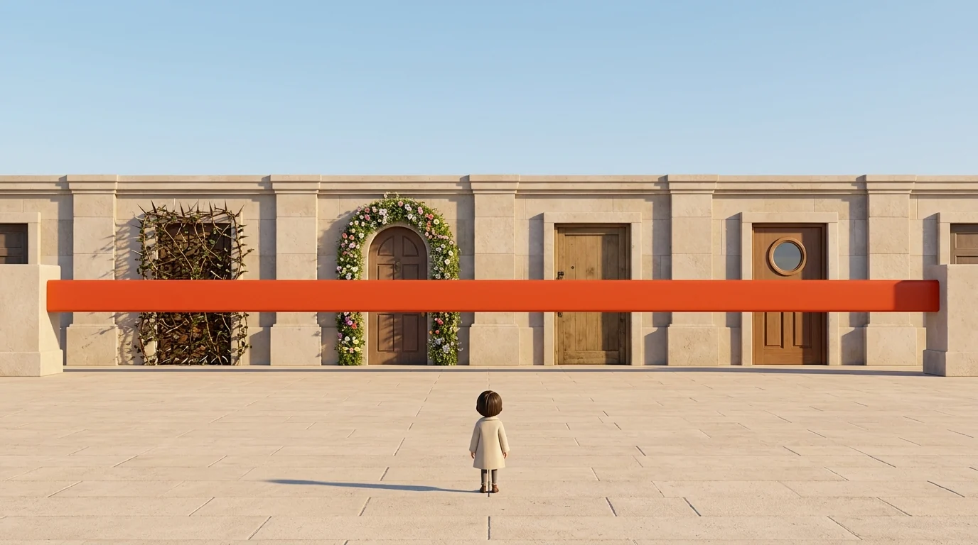 Dessin : sur une vaste esplanade de pierre claire, au petit matin, une longue barrière rouge orange parfaitement droite est abaissée d'un seul tenant devant quatre portes très différentes — l'une hérissée de ronces, l'autre couverte de fleurs, une porte d'atelier en bois nu, une porte à hublot rond ; au premier plan, minuscule et vue de dos, un enfant en manteau clair regarde la barrière